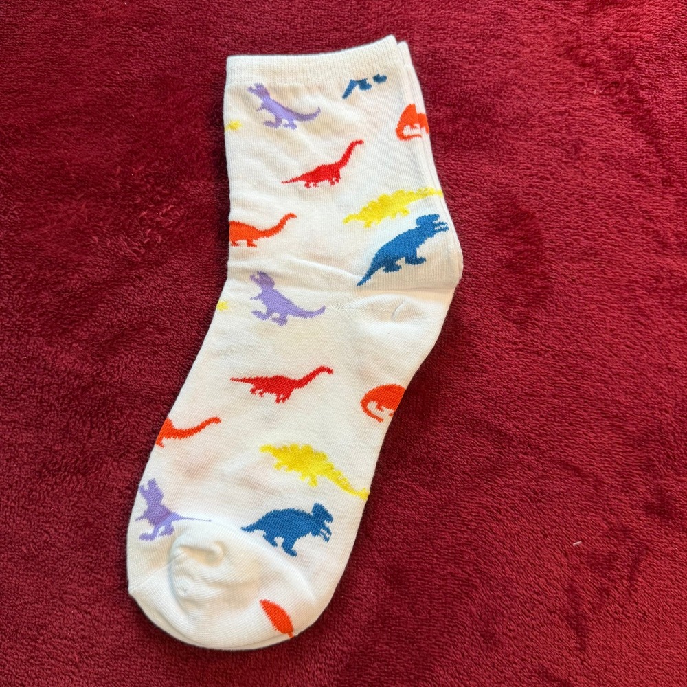 Unbranded‎ White Dinosaur Print Crew Socks Cotton Blend Multi Color Dino Pattern